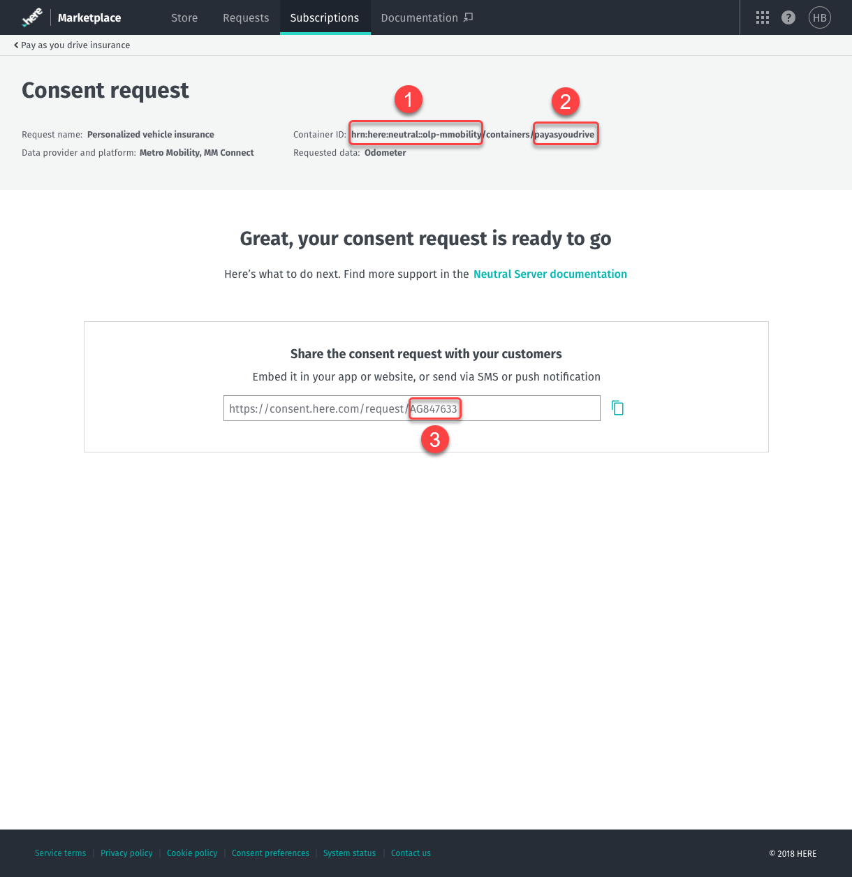A consent request page with Provider HRN, Container ID, and Consent Request ID