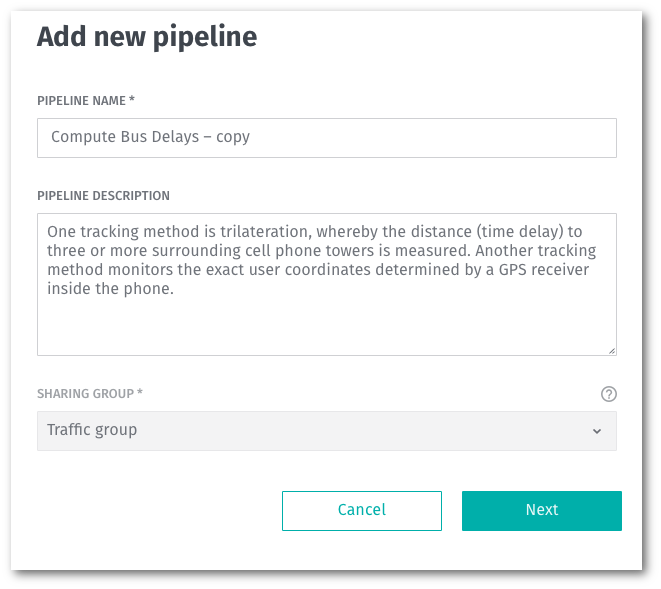 Screen capture of new pipeline description dialog.