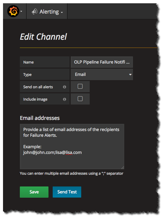 Screen capture of specifying email addresses for alert notification.