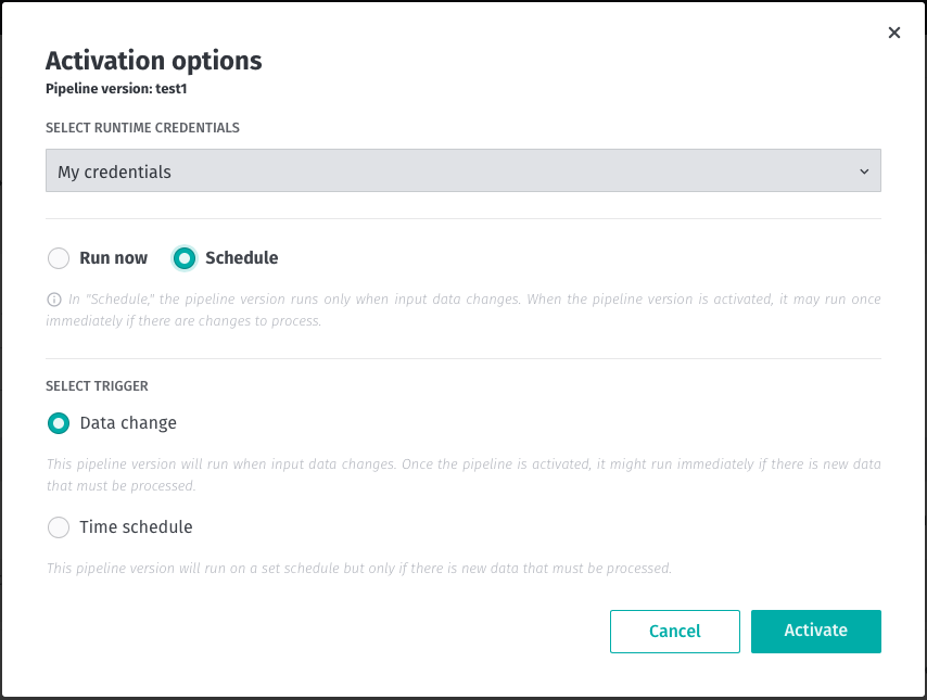 Screen capture of Activate Option dialog with schedule and Data change option selected