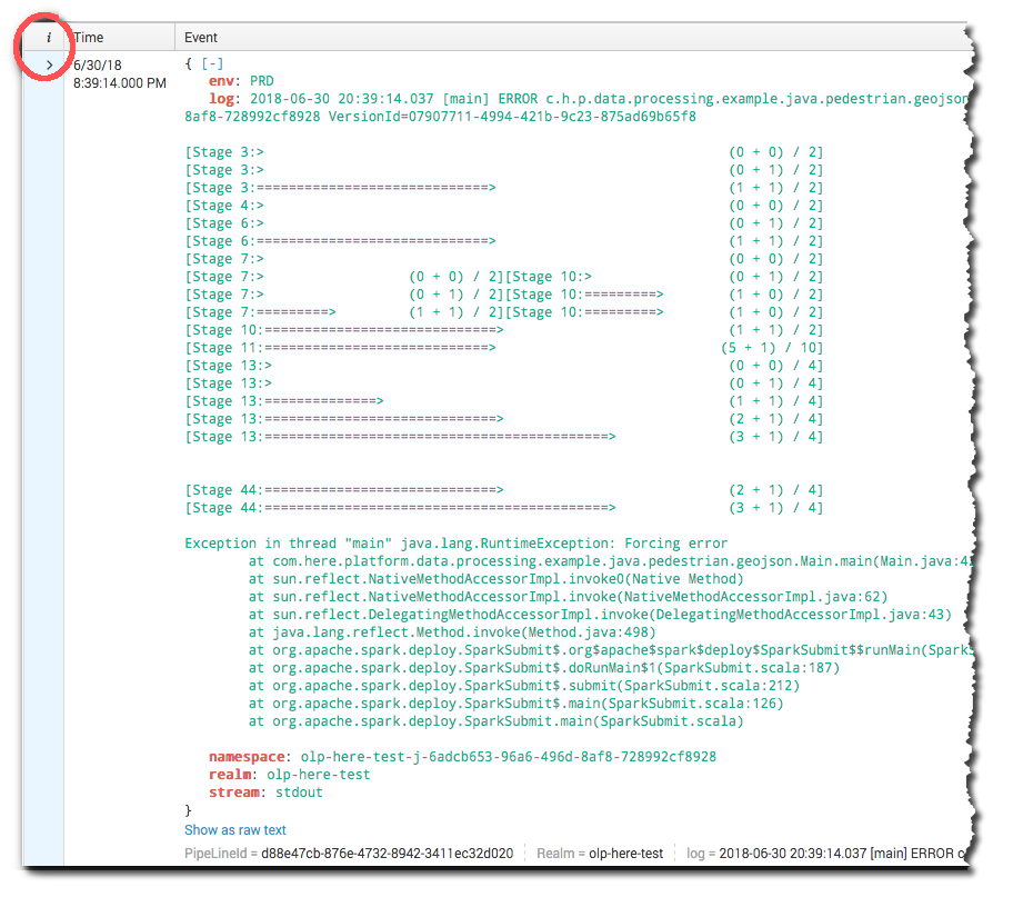 Screen capture of Splunk log display.