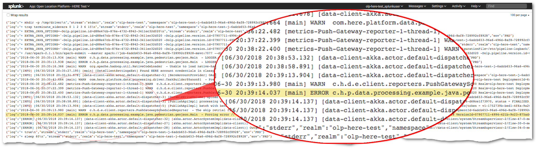 Screen capture of Splunk log entries around failure event.