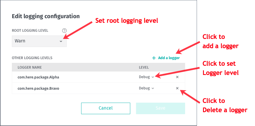 screenshot of logging level dialog box controls