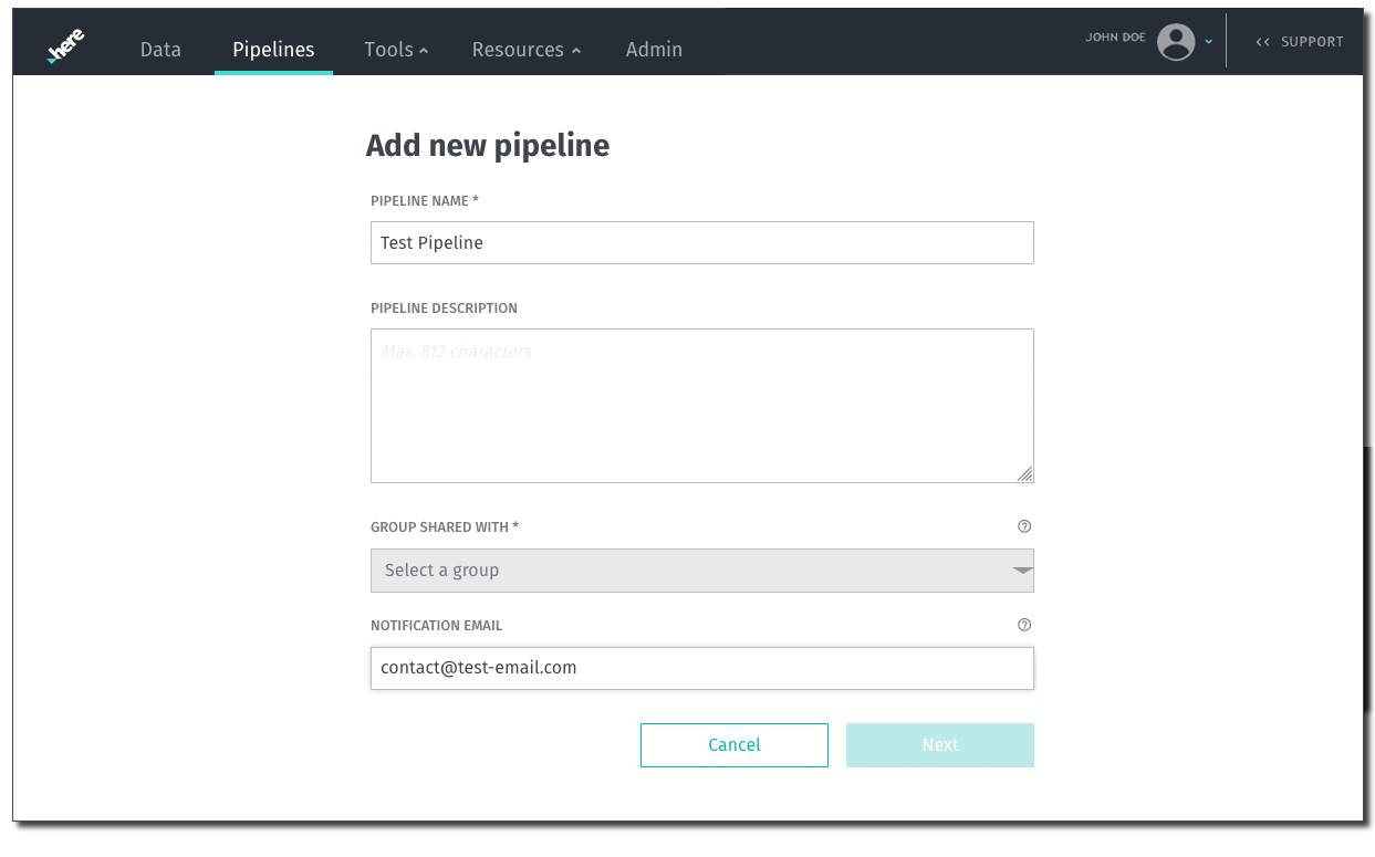 Portal GUI screen for adding a new pipeline