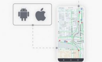 A phone with a map in it with a dotted line coming out of the phone with an Android and Apple logo.